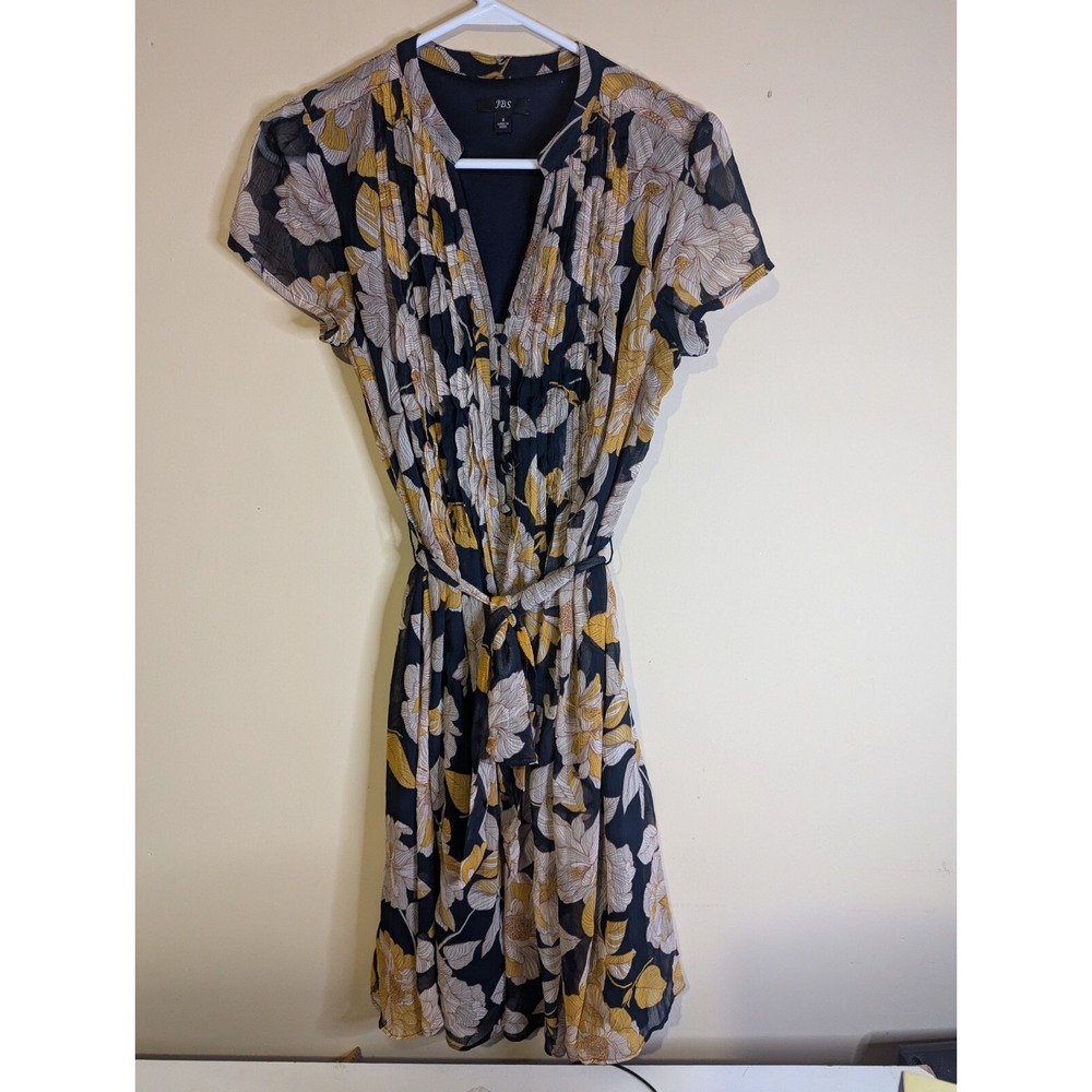 JBS size 8 dress yellow black‎ flower pleated tie waist ruffle button accent